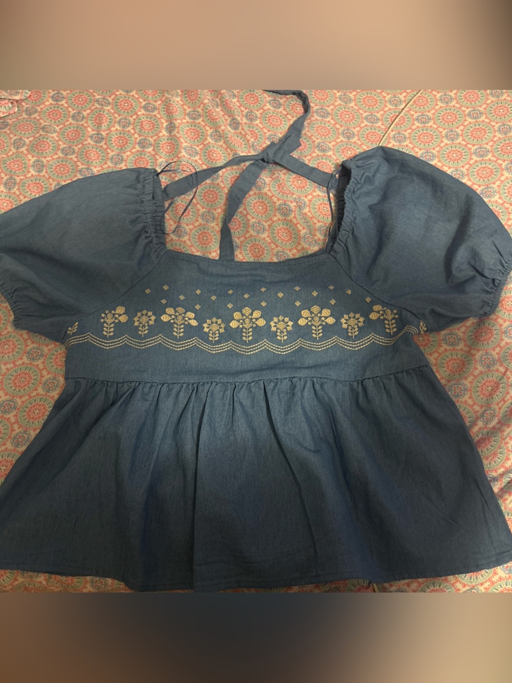 Denim Blue Embroidered Puff-Sleeve Top